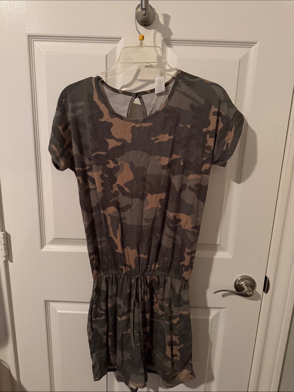 Camo Drawstring Waist Short Sleeve Dress - Olive/Tan